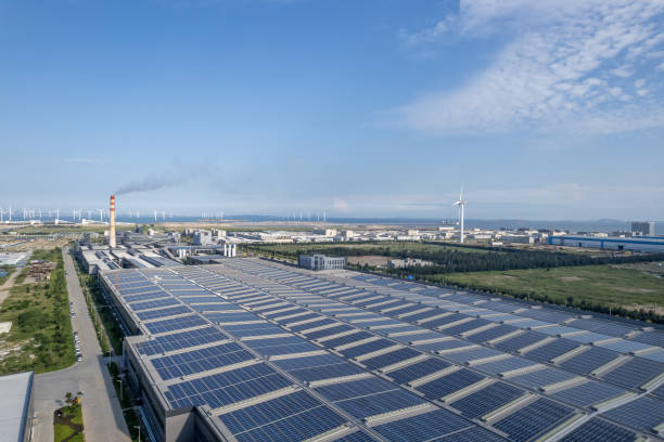 Bird's eye view of the solar panels on the factory roof